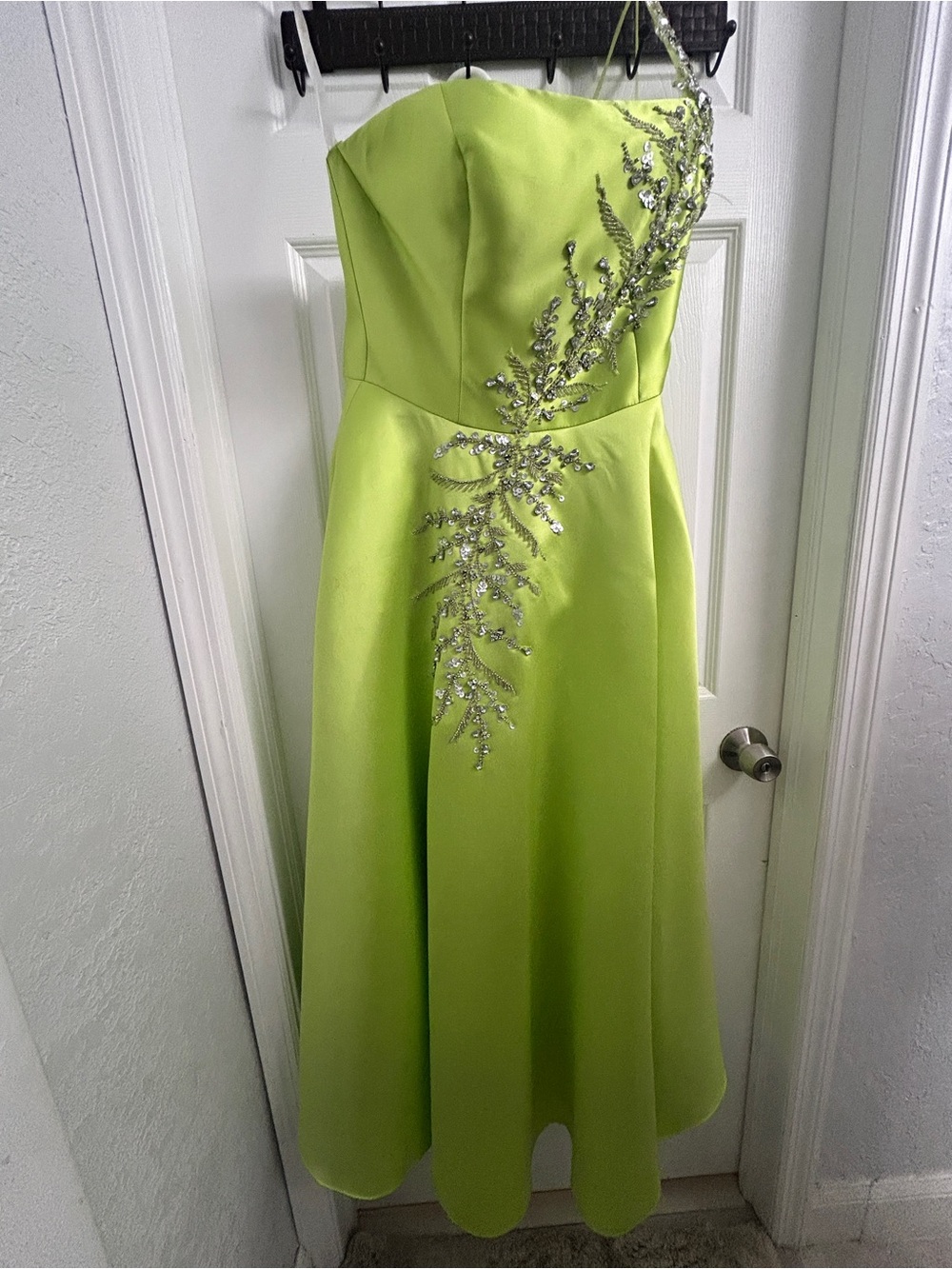 Terani Couture One-Shoulder Lime Green Evening Dress with Silver Embellishment